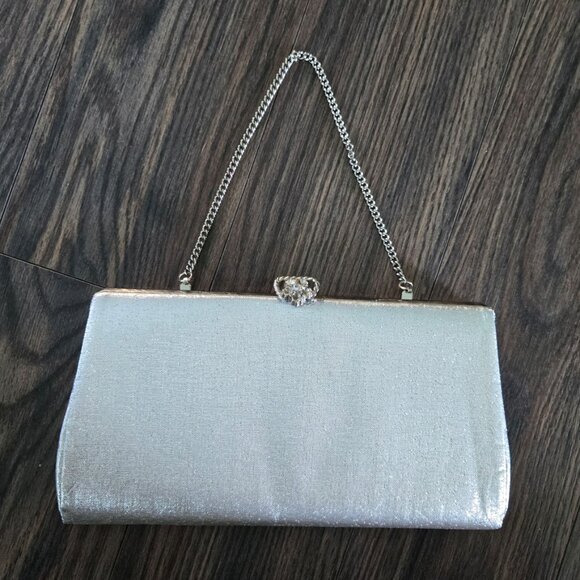 Vintage (circa 50's/60s) Fancy Silver Cocktail Clutch with Chain - Picture 1 of 8